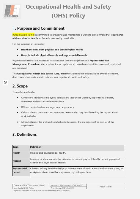 Workplace Health and Safety Policy & Procedures Pack