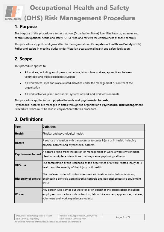 Workplace Health and Safety Policy & Procedures Pack